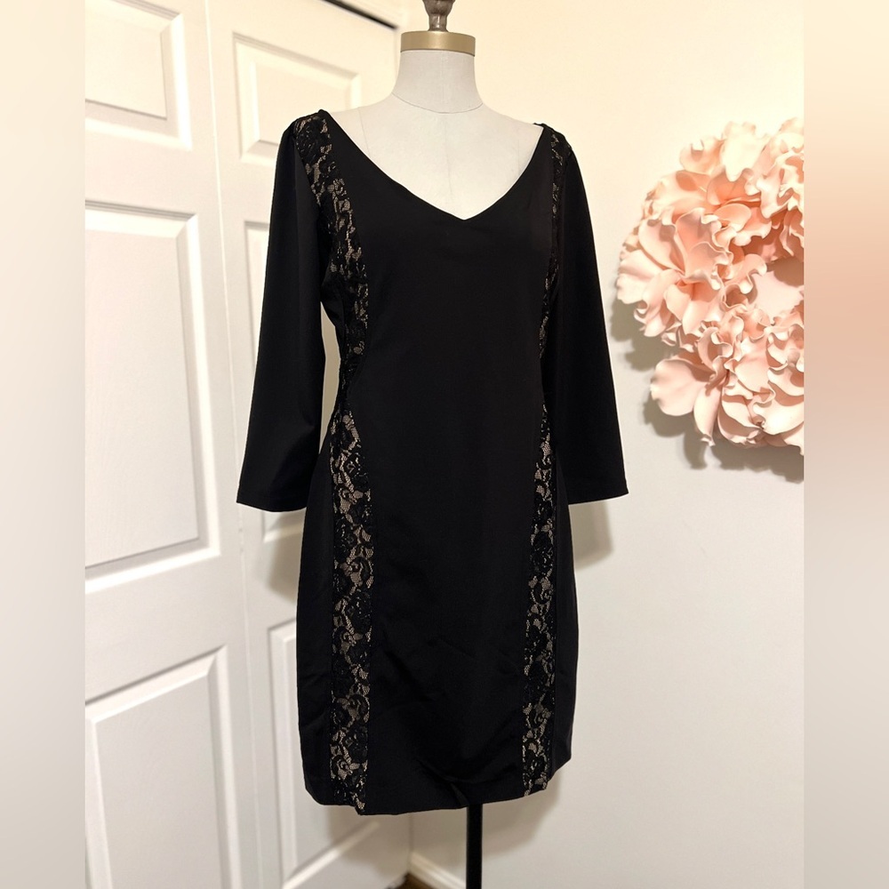 Rickie Freeman for Terri Jon black stretch dress with lace faux nude panels
